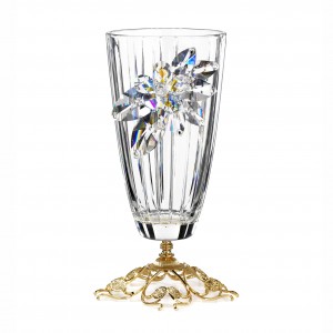 Vase in glass, base in gold metal, flower in aurora borealis crystal