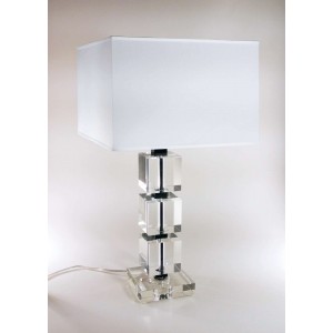 Lampada grande, cubi cristallo con particolari in metallo nero e paralume in tessuto