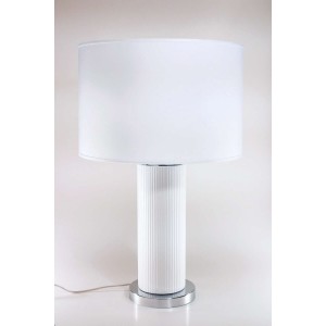Lampada cilindro ceramica particolari in metallo argentato e paralume in tessuto