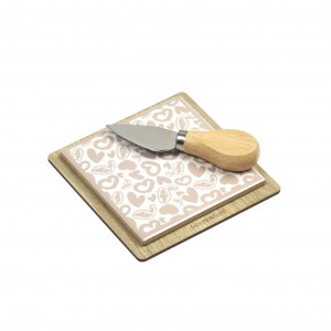 Tagliere piccolo con coltello - Decorazione cuori beige