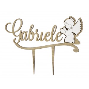 Cake topper stick con nome e angelo in legno tortora