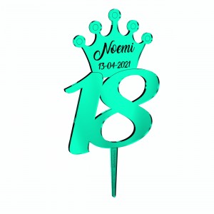 Cake topper stick 18° con corona e nome personalizzato in specchio verde - cm 12 x 15