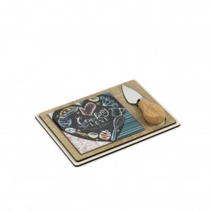 Tagliere in legno tortora con maiolica cooking love e coltello