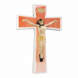Sacro - Crocifisso in resina smaltata a colori con croce in marmo rosa