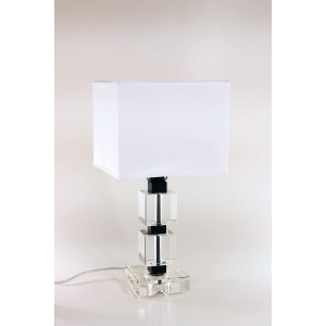 Lampada piccola, cubi cristallo con particolari in metallo nero e paralume in tessuto