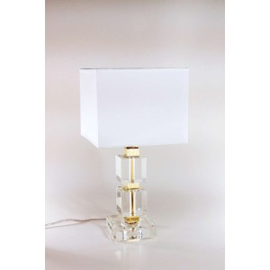 Lampada piccola, cubi cristallo con particolari in metallo dorato e paralume in tessuto