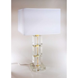 Lampada grande, cubi cristallo con particolari in metallo dorato e paralume in tessuto