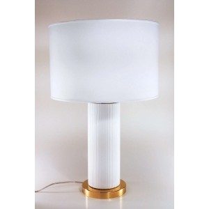Lampada cilindro ceramica particolari in metallo dorato e paralume in tessuto