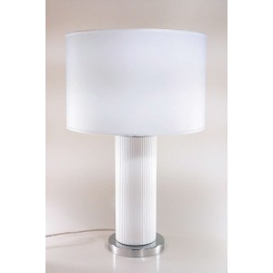 Lampada cilindro ceramica particolari in metallo argentato e paralume in tessuto