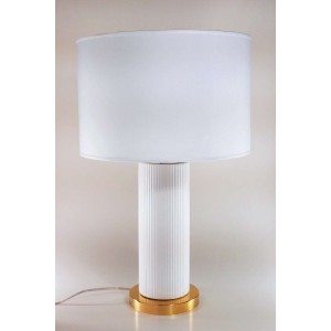Lampada cilindro ceramica particolari in metallo dorato e paralume in tessuto