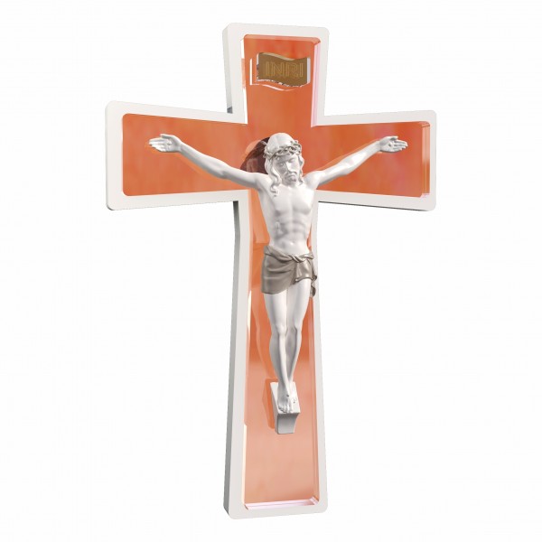 Croce In Legno Di Betulla E Cristo In Resina Per Parete| Color Rosso Dimensioni CM